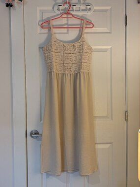 Suzy Shier 100% Cotton Crochet Sleeveless Midi Sundress, Cream, Size L